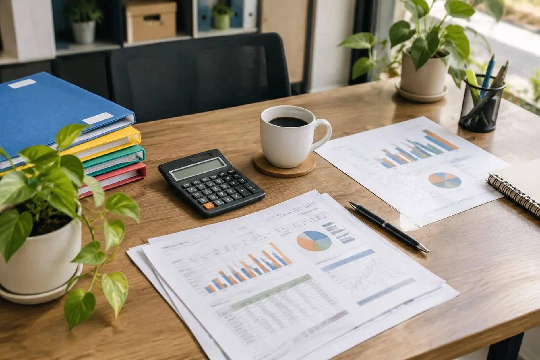 Planilhas e documentos de organização financeira sobre a mesa